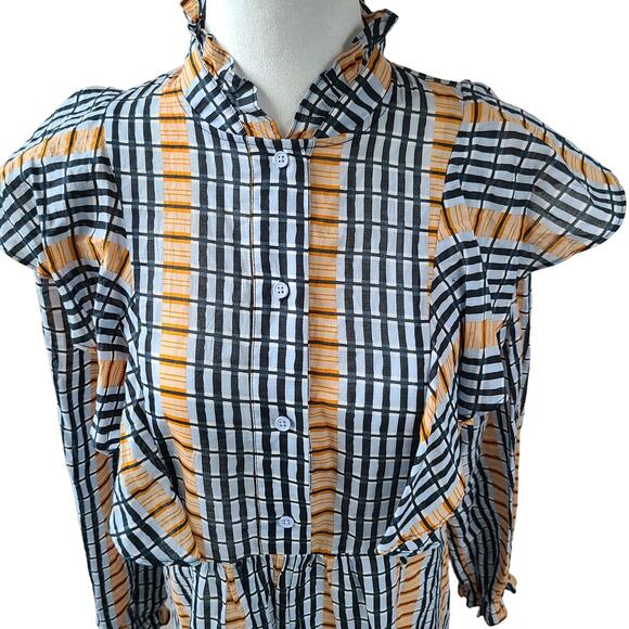 Samsoe Samsoe Martha Short Dress Organic Cotton Plaid Ruffle Long Sleeve Size XS - Picture 7 of 14